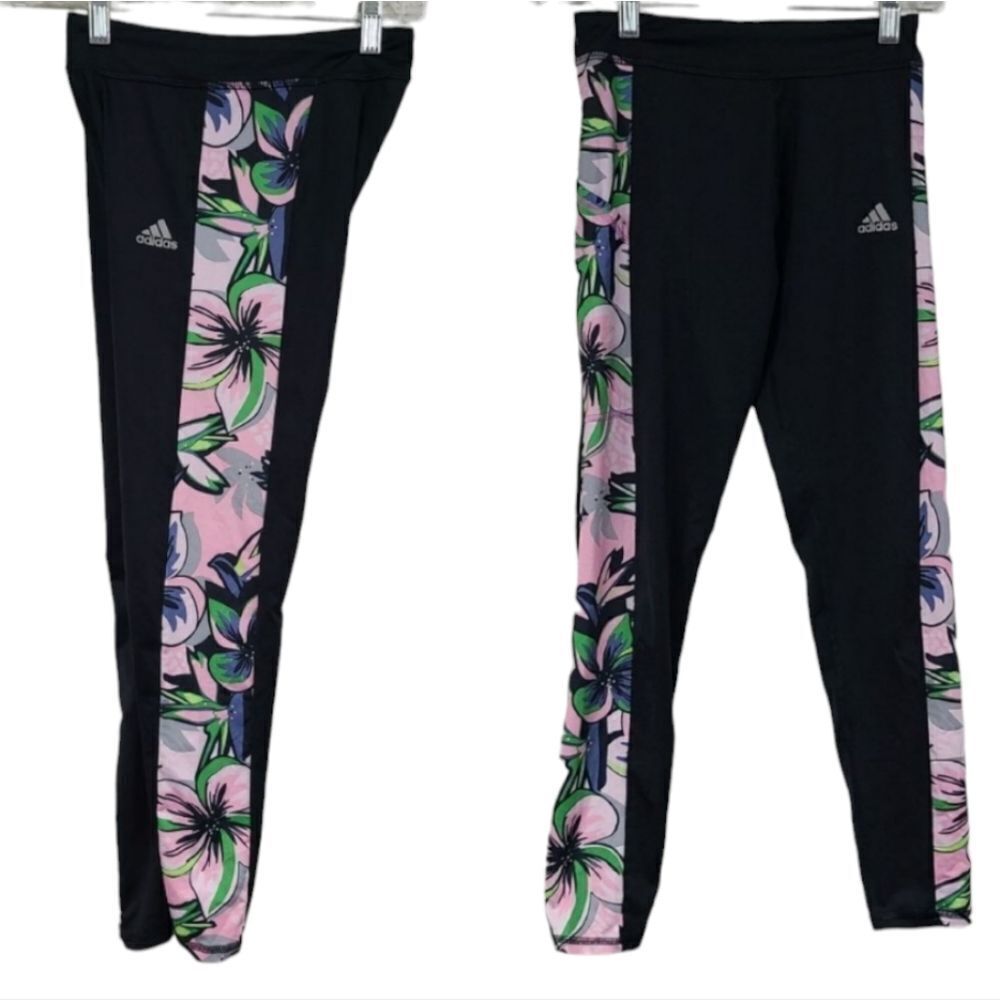 adidas Girls Large 14 Floral Printed Panel Pocket Tights Aeroready Black Legging